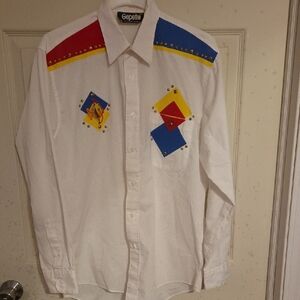 VINTAGE GEPPELLE 80'S Men's White Shirt with Vibrant Geometric Design